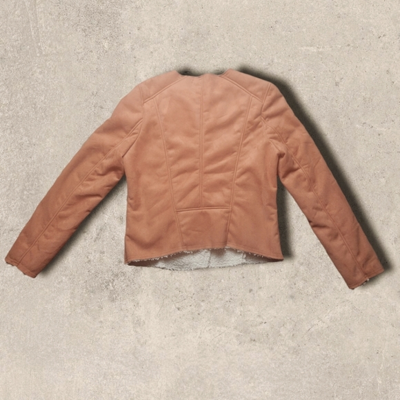 HAVE coral moto jacket faux suede sherpa lined raw hem women's Large - Picture 5 of 8